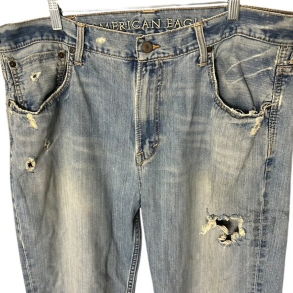 American Eagle Distressed Blue Denim Jeans-5 Pocket-Size 38x32-Zip & Button Fly - Picture 4 of 9